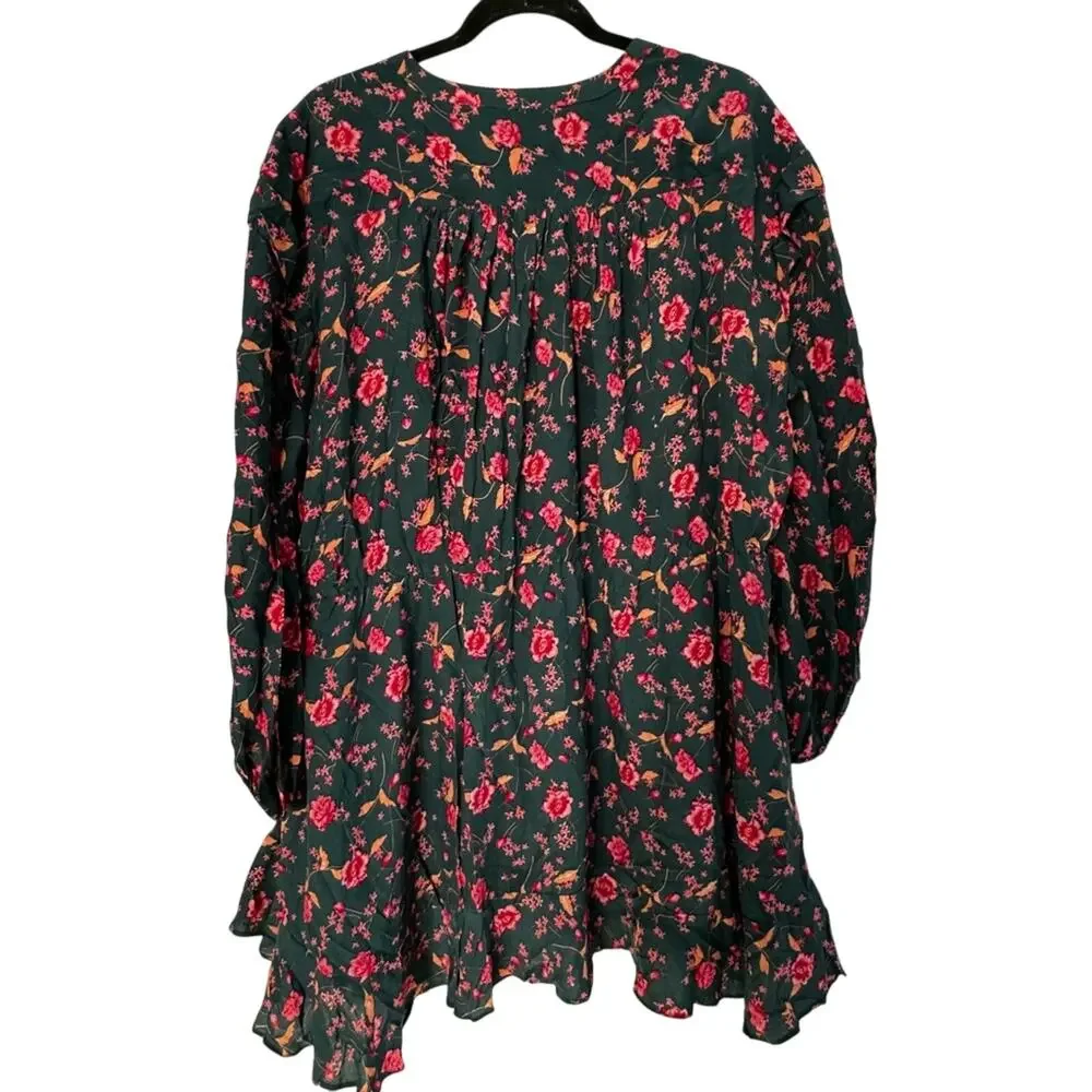 Free People Womens Green Flower Fields Mini Ruffle Shirt Dress S Boho